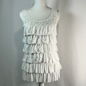 LASEINE White Crochet Neck Ruffled Tiered Tank Dress Tunic Top Size L